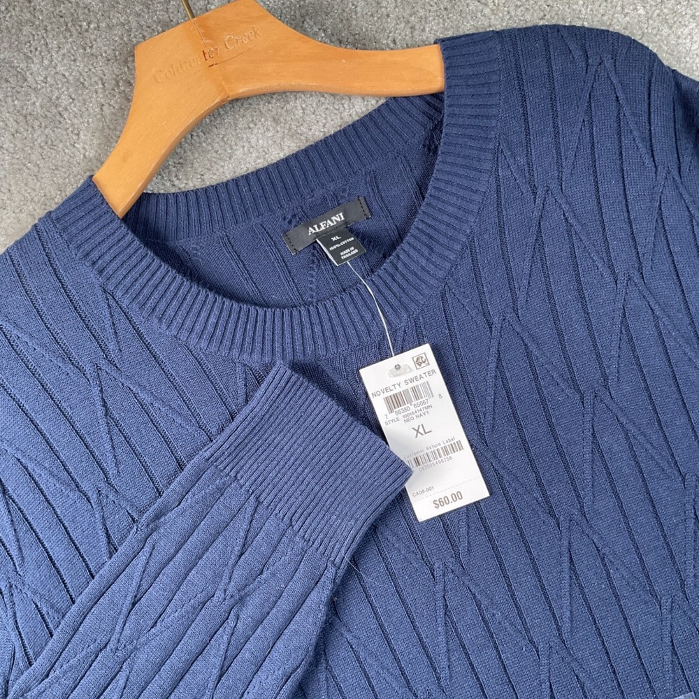 Alfani Novelty Sweater Mens XL Neo Navy New Geometric Diamond Cable Knit Cotton